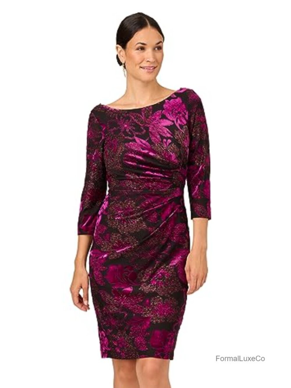 Metallic Velvet Cowl Dress Boat Neck 3/4 Sleeve Sheath Formal Cocktail